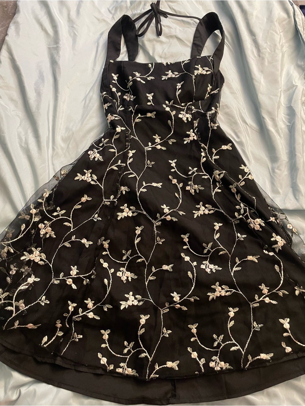 Black Floral Embroidered Halter Dress